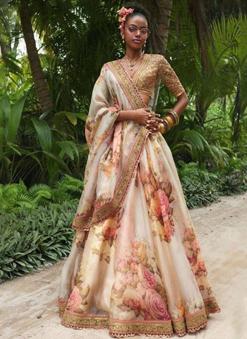 Attractive Floral Printed Off White Organza Lehenga Choli